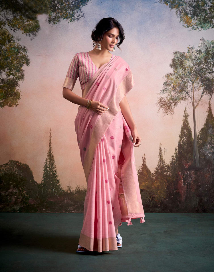 Light Pink Linen Silk Woven Printed Saree