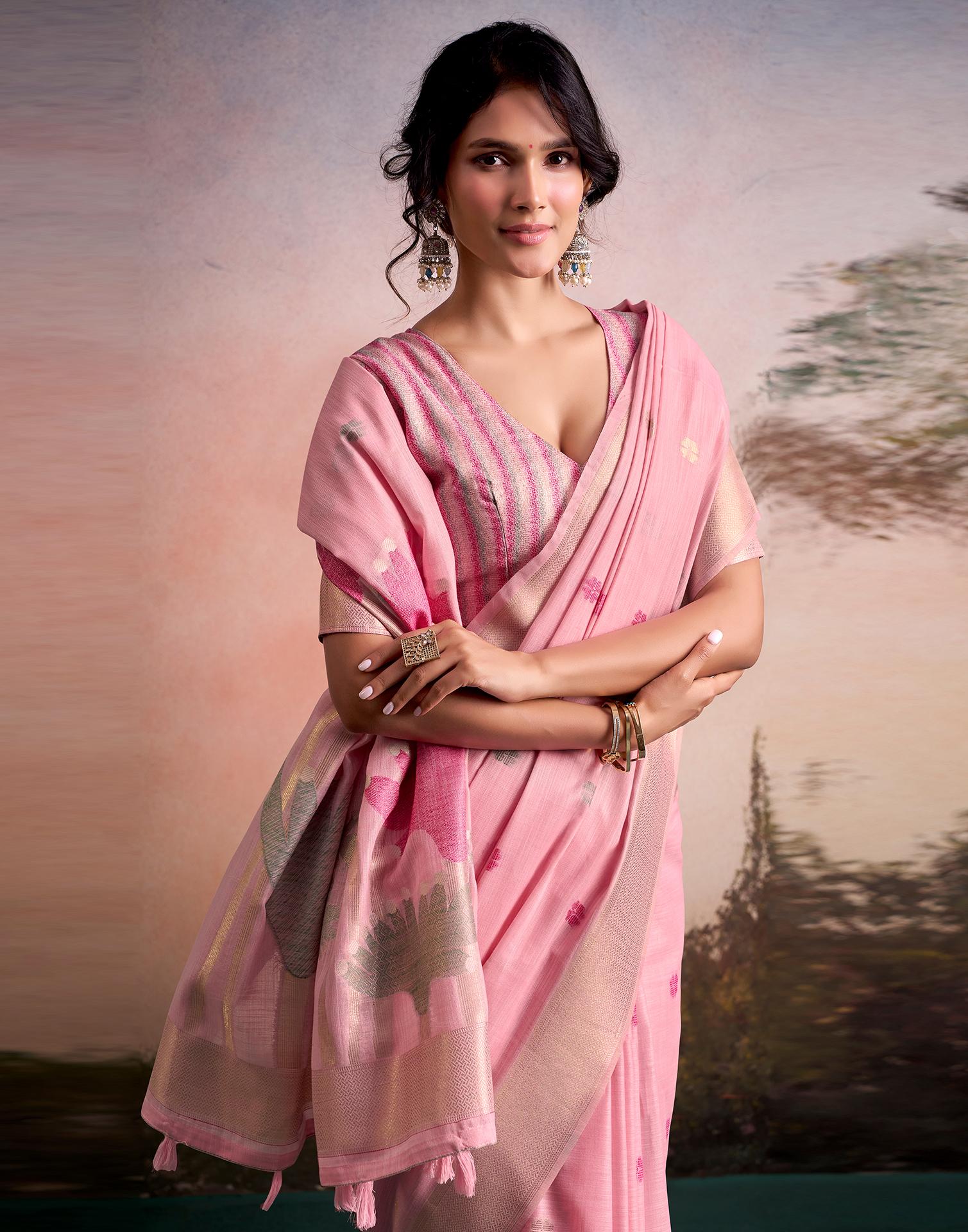 Light Pink Linen Silk Woven Printed Saree