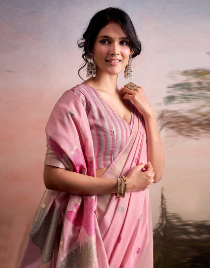 Light Pink Linen Silk Woven Printed Saree