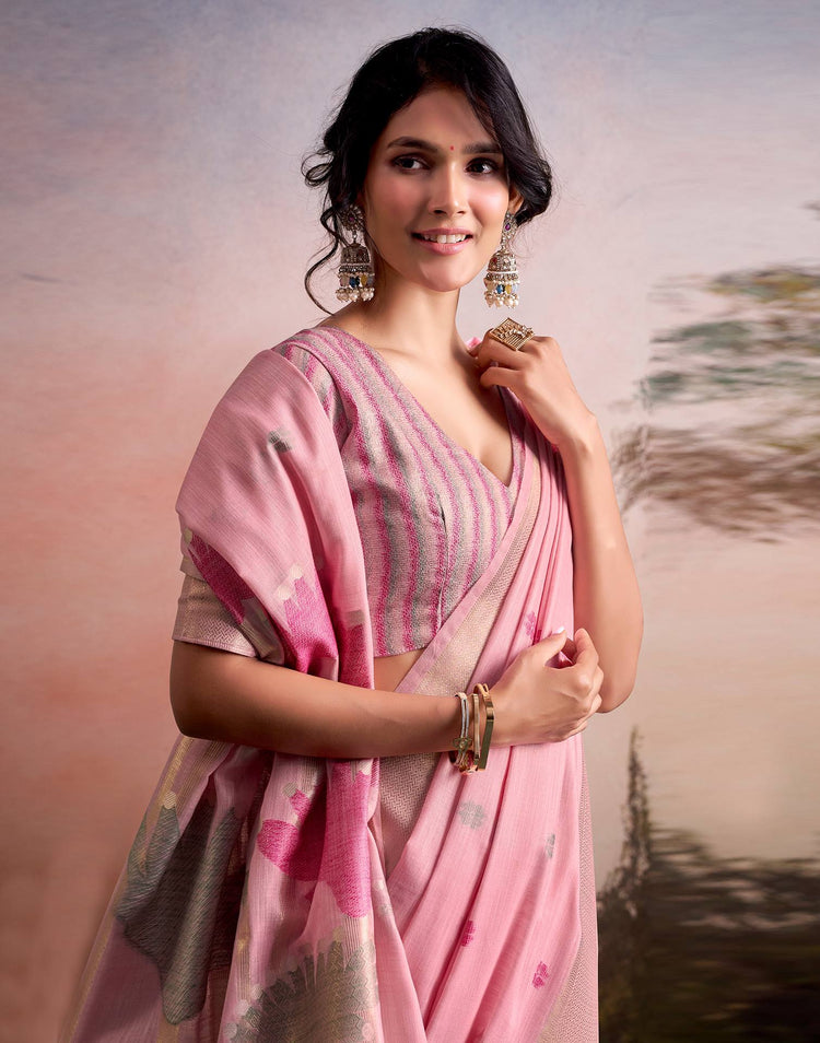 Light Pink Linen Silk Woven Printed Saree