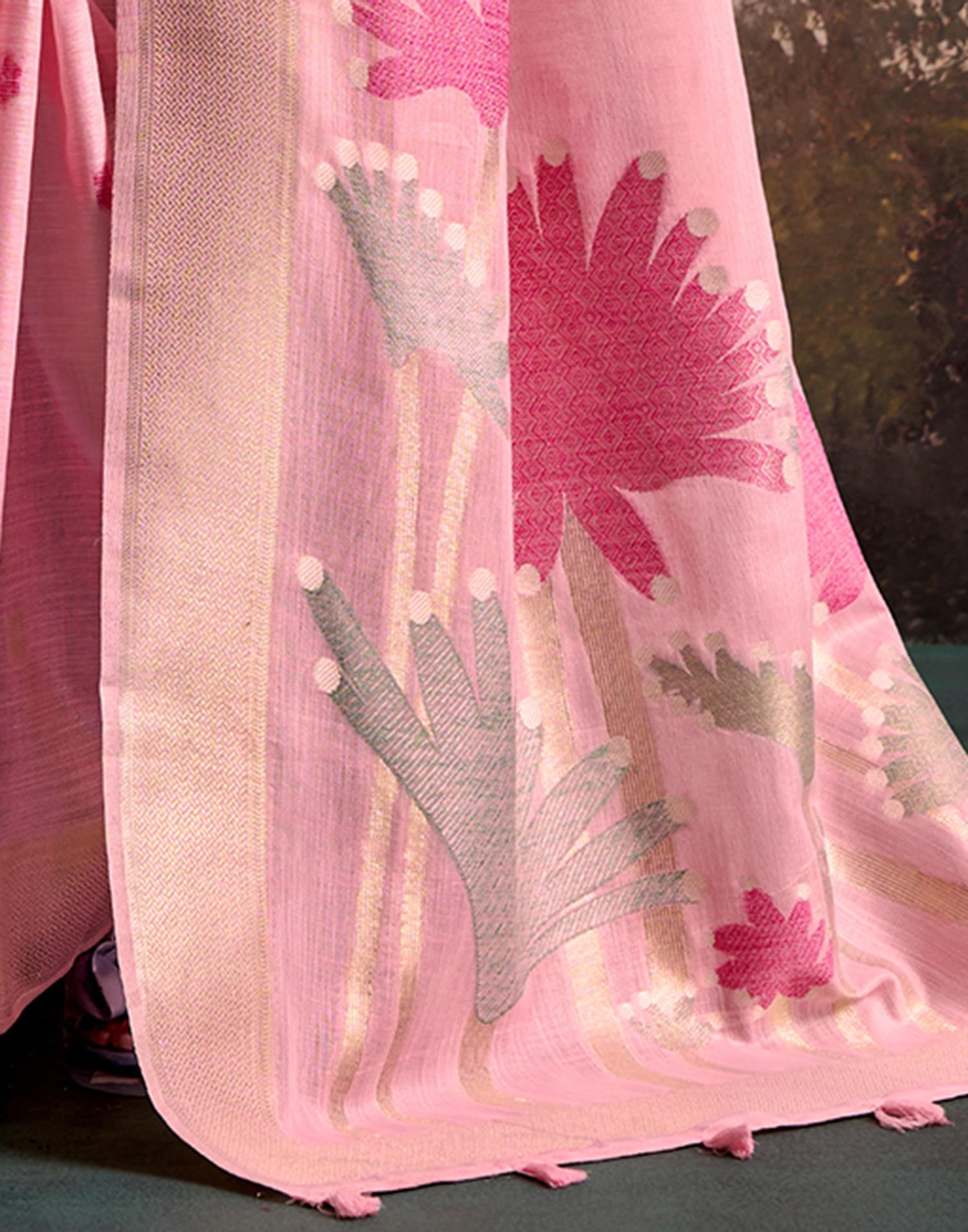 Light Pink Linen Silk Woven Printed Saree