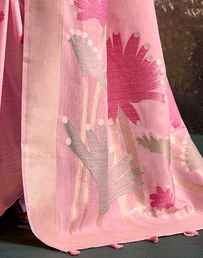 Light Pink Linen Silk Woven Printed Saree