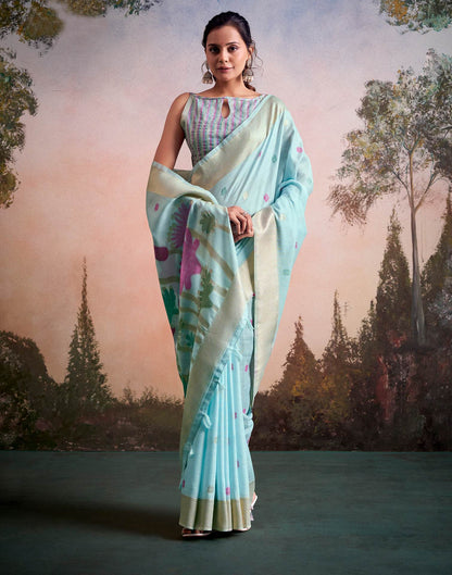 Sky Blue Linen Silk Woven Printed Saree
