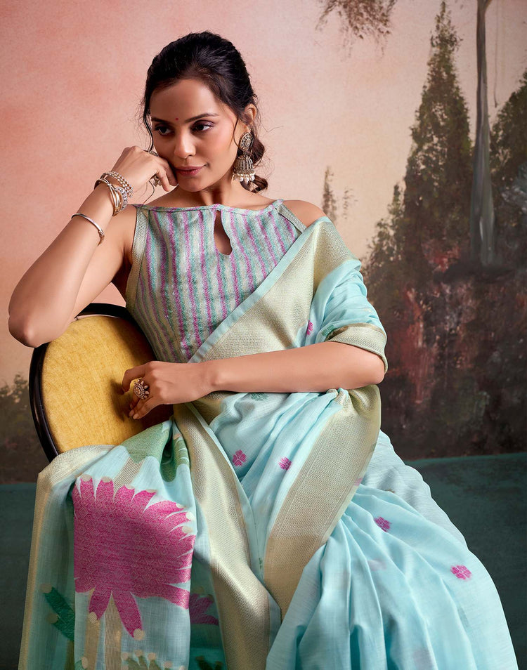 Sky Blue Linen Silk Woven Printed Saree