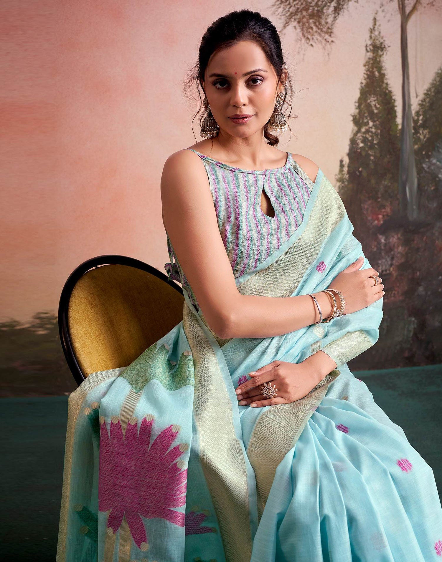 Sky Blue Linen Silk Woven Printed Saree