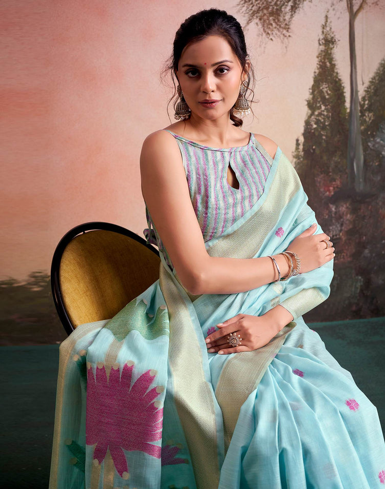 Sky Blue Linen Silk Woven Printed Saree