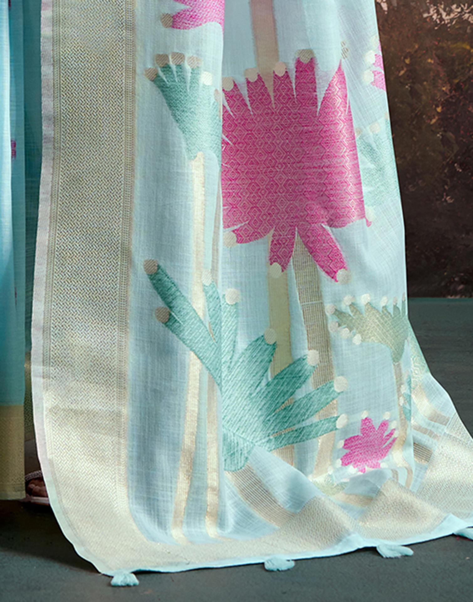 Sky Blue Linen Silk Woven Printed Saree