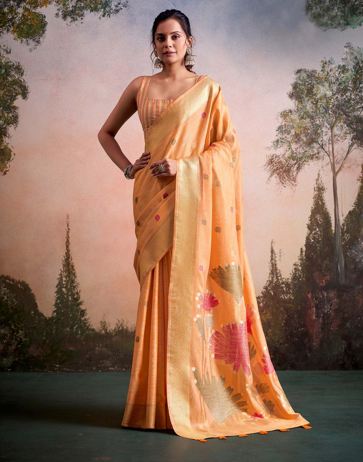 Orange Linen Silk Woven Printed Saree