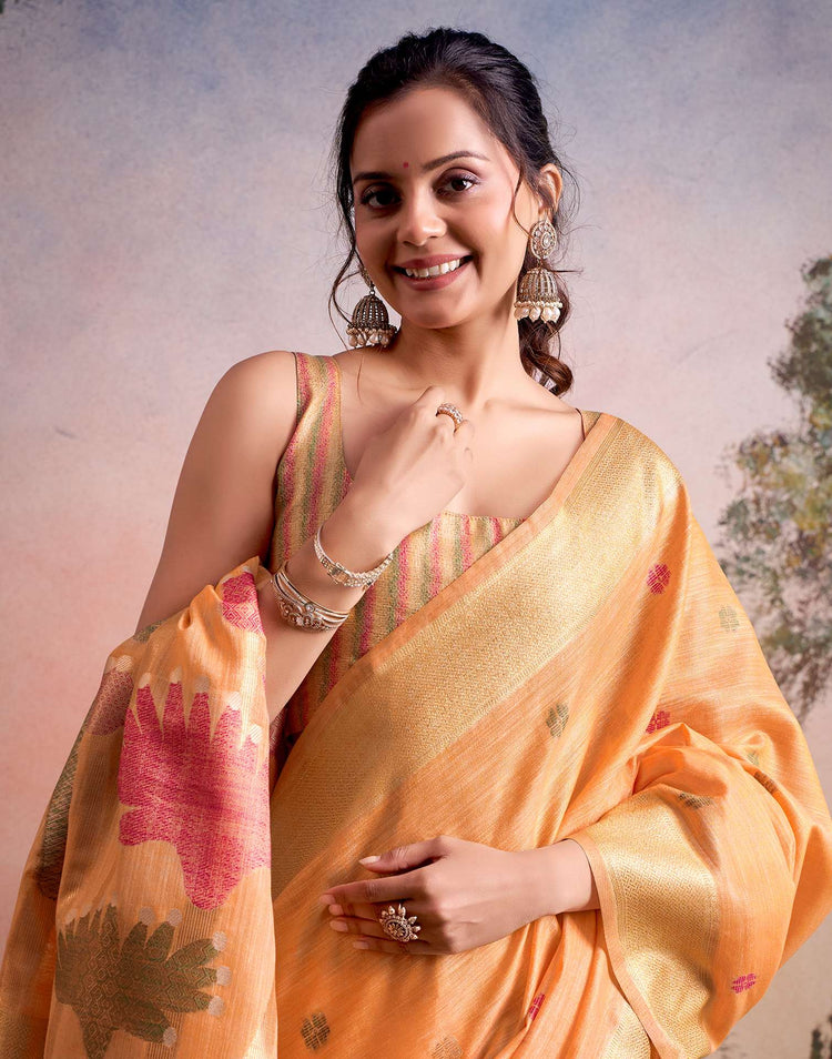 Orange Linen Silk Woven Printed Saree