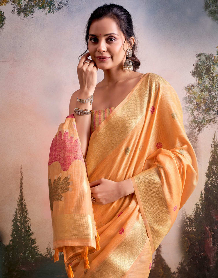 Orange Linen Silk Woven Printed Saree