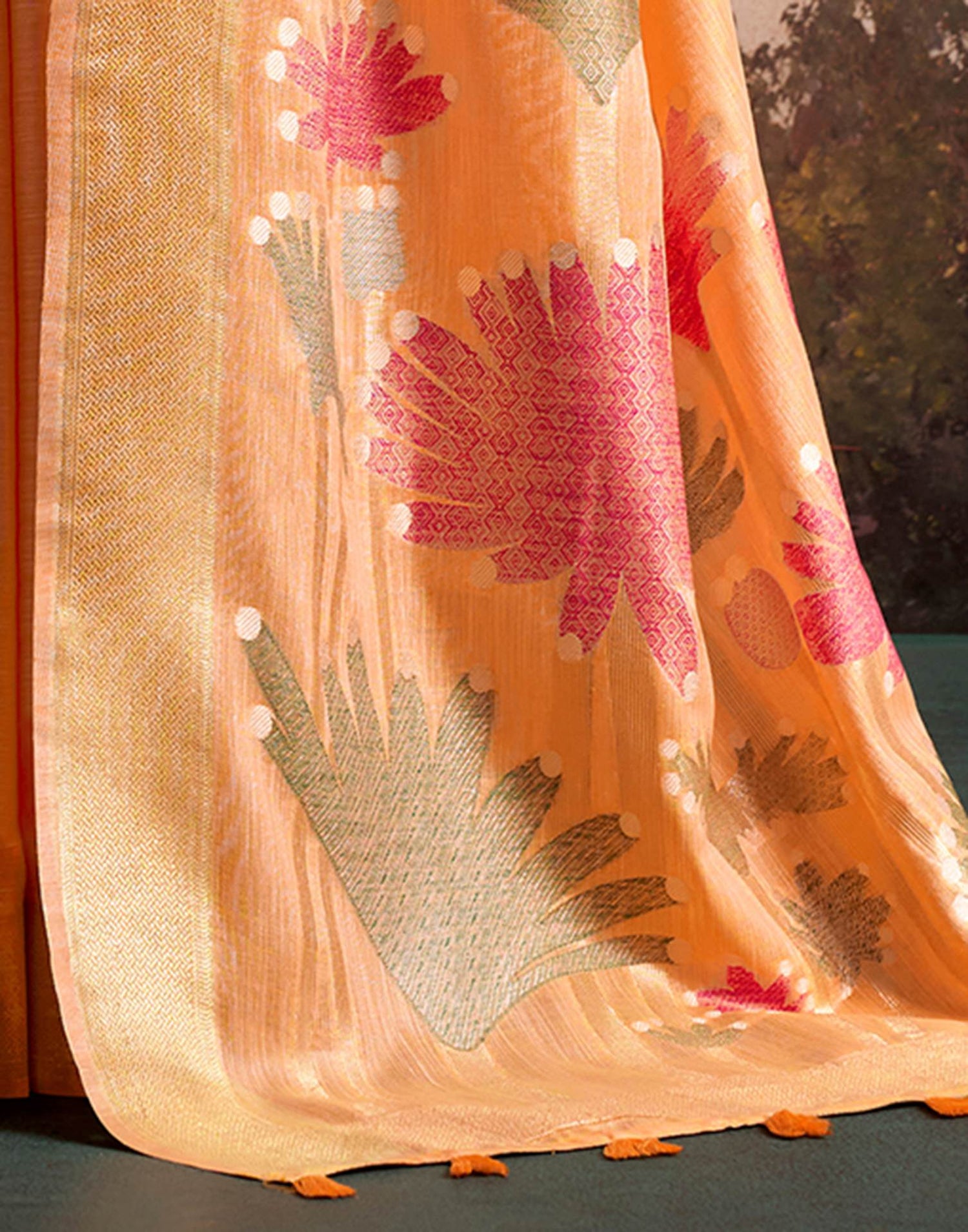 Orange Linen Silk Woven Printed Saree