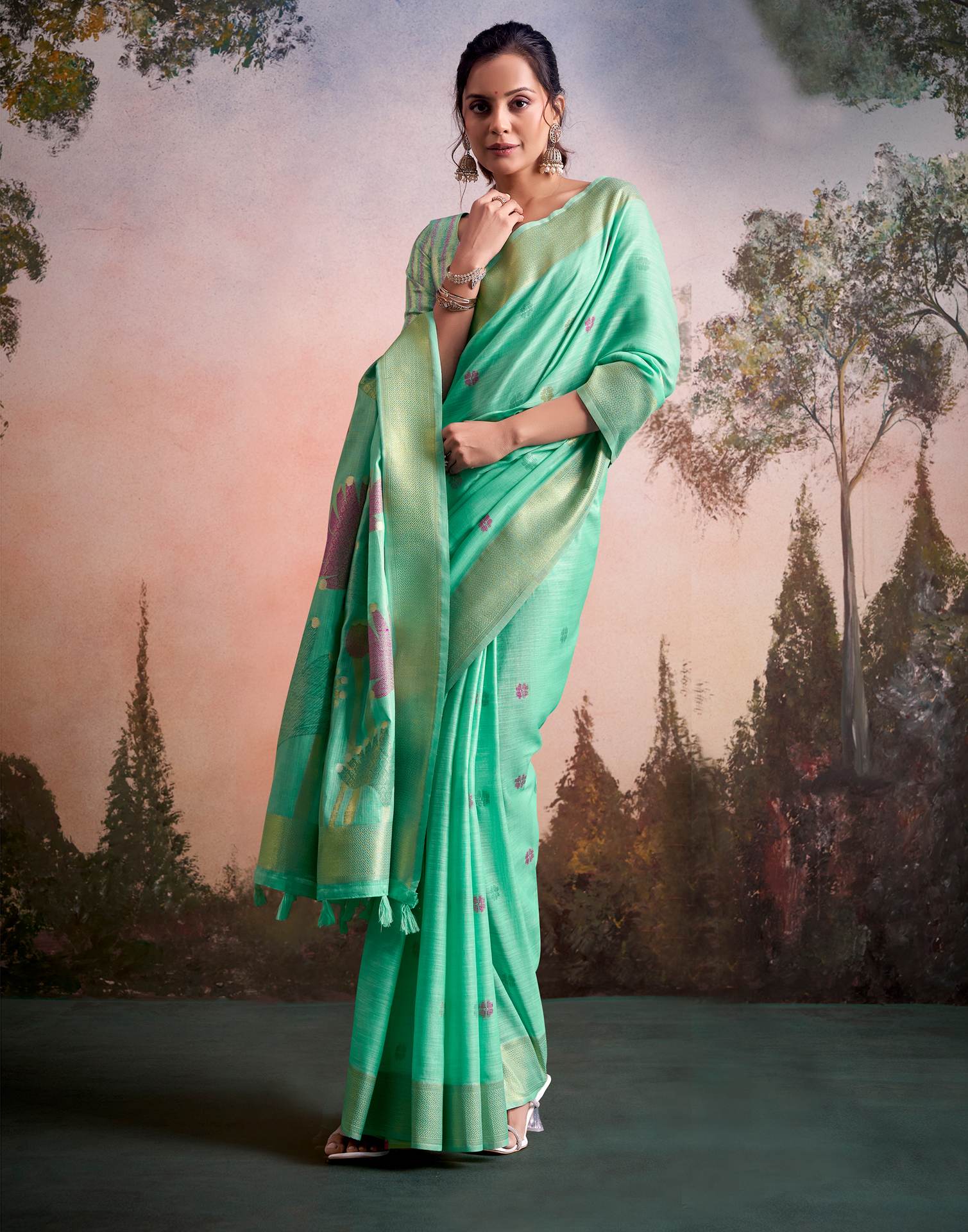 Mint Green Linen Silk Woven Printed Saree