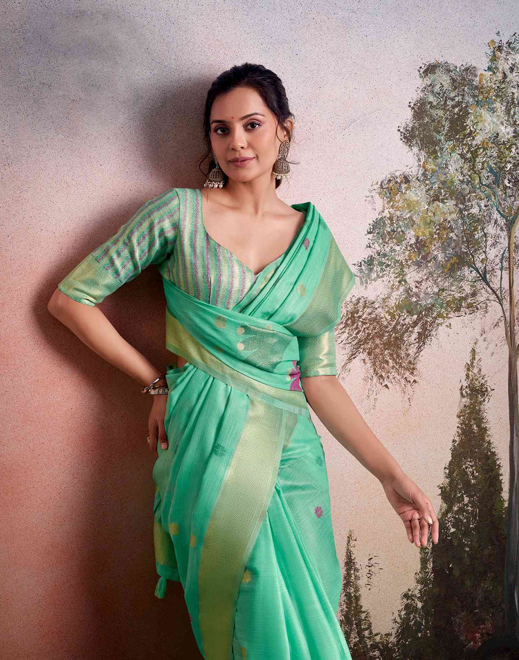 Mint Green Linen Silk Woven Printed Saree