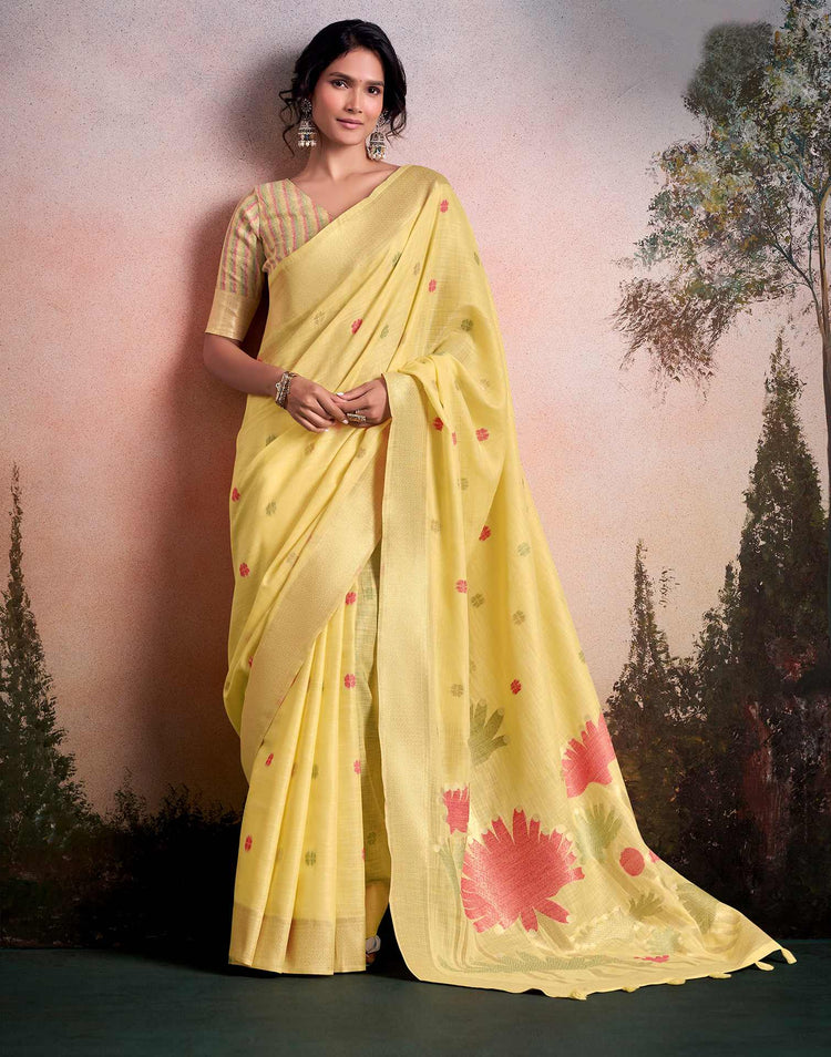 Light Yellow Linen Silk Woven Printed Saree