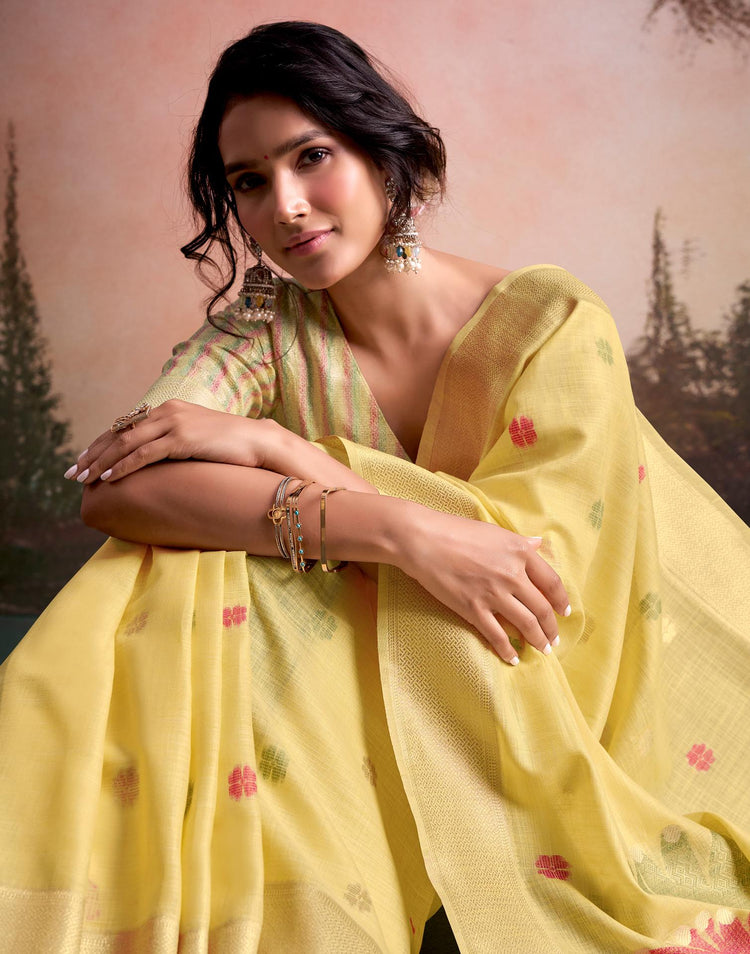 Light Yellow Linen Silk Woven Printed Saree