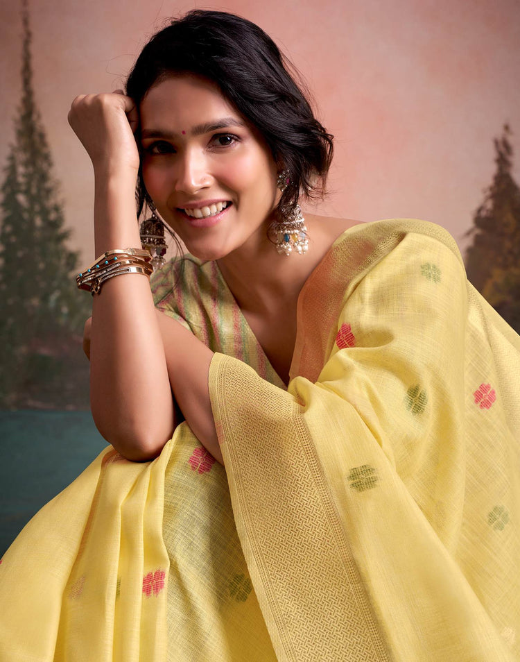 Light Yellow Linen Silk Woven Printed Saree