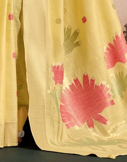 Light Yellow Linen Silk Woven Printed Saree