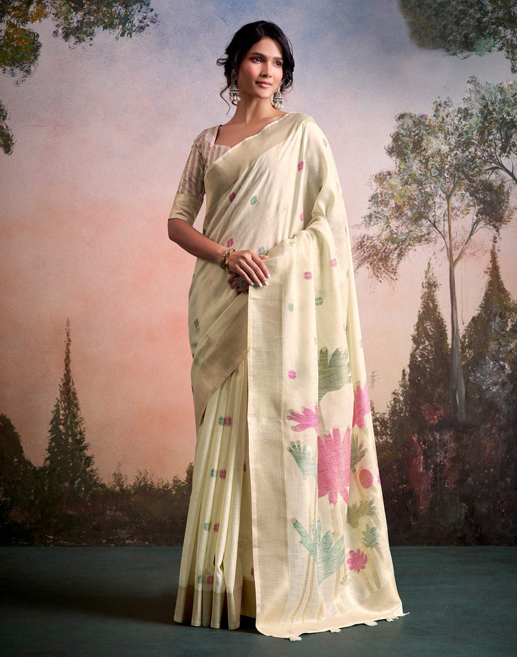 Beige Linen Silk Woven Printed Saree