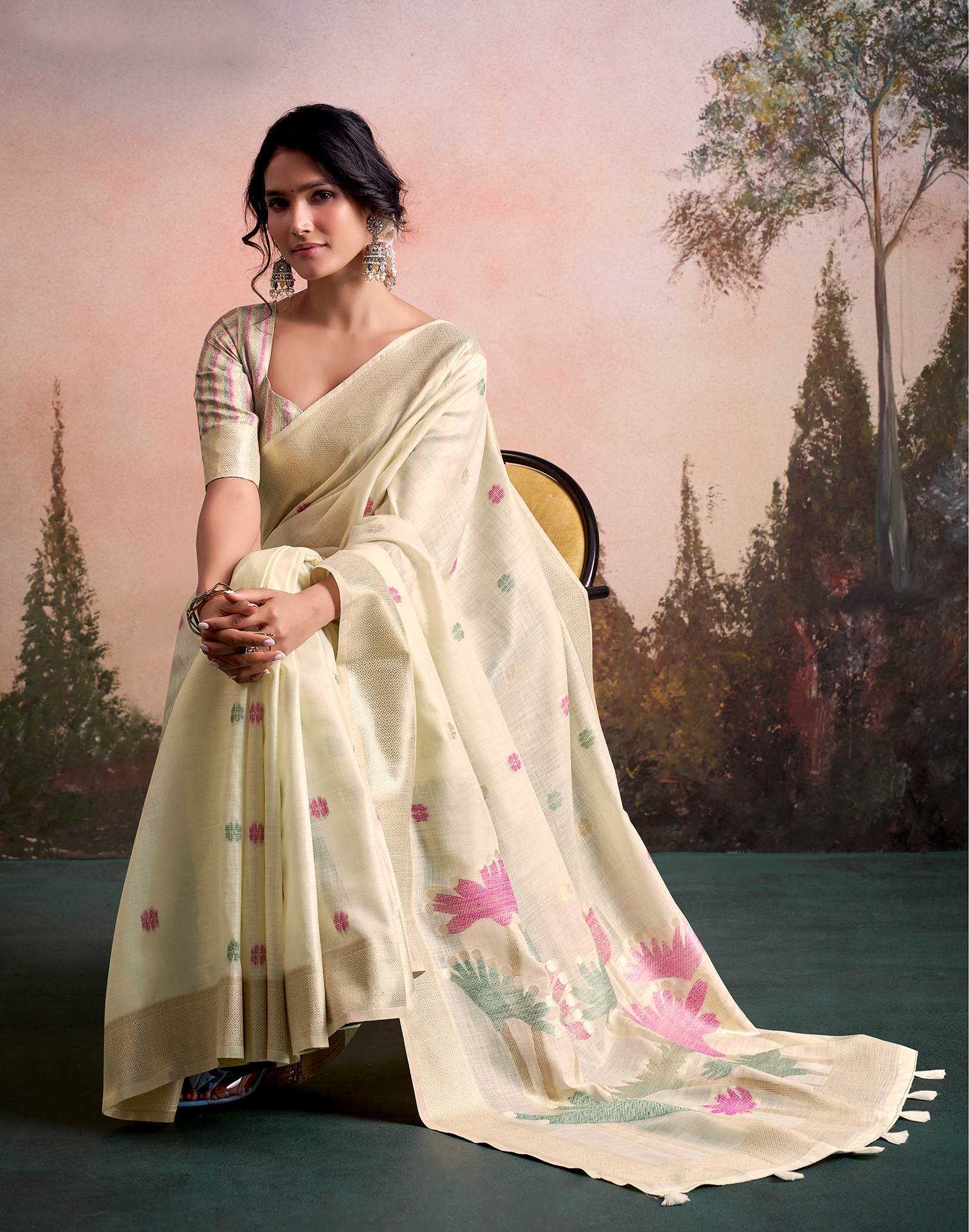 Beige Linen Silk Woven Printed Saree