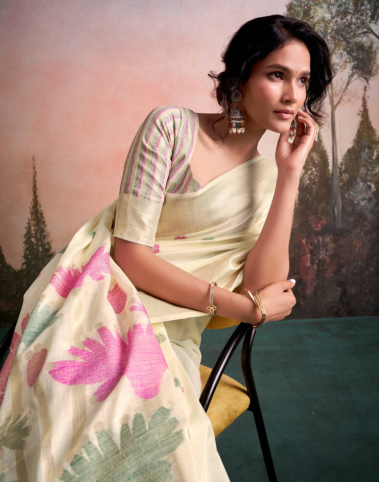 Beige Linen Silk Woven Printed Saree