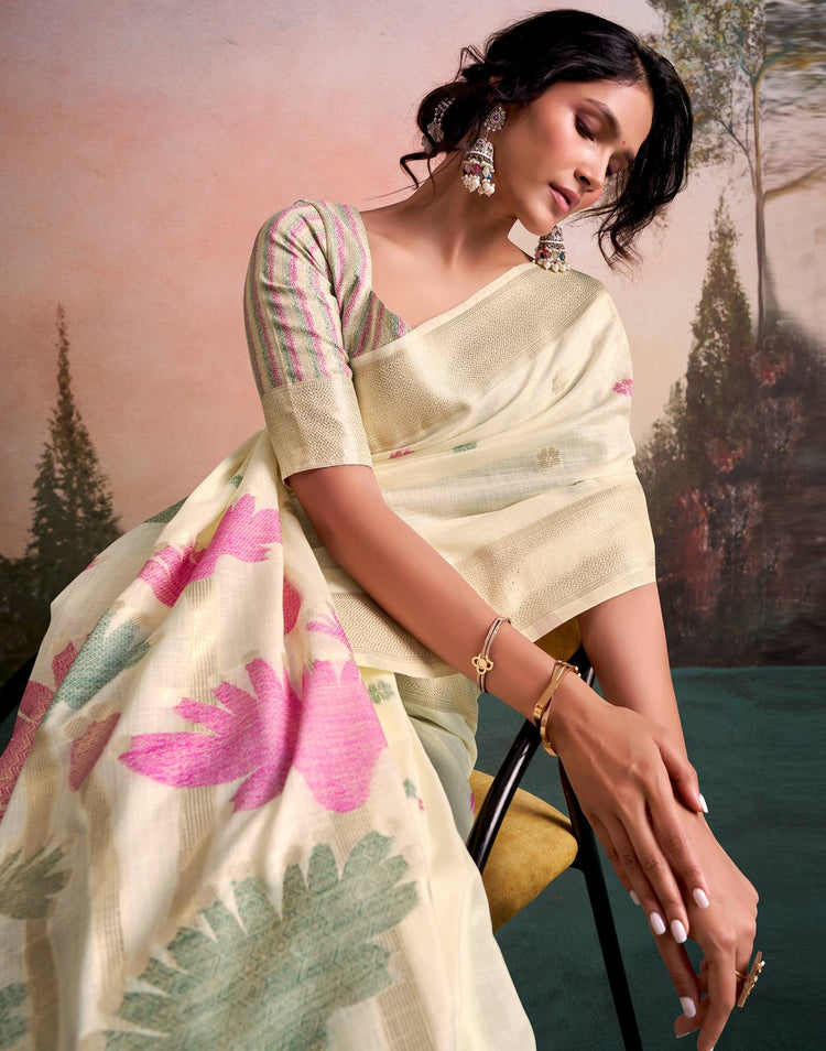 Beige Linen Silk Woven Printed Saree