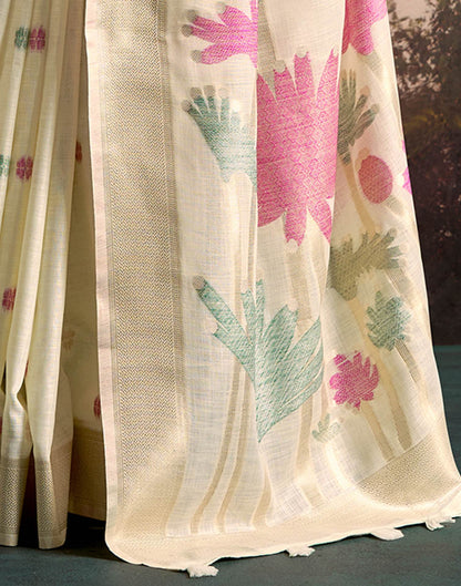 Beige Linen Silk Woven Printed Saree