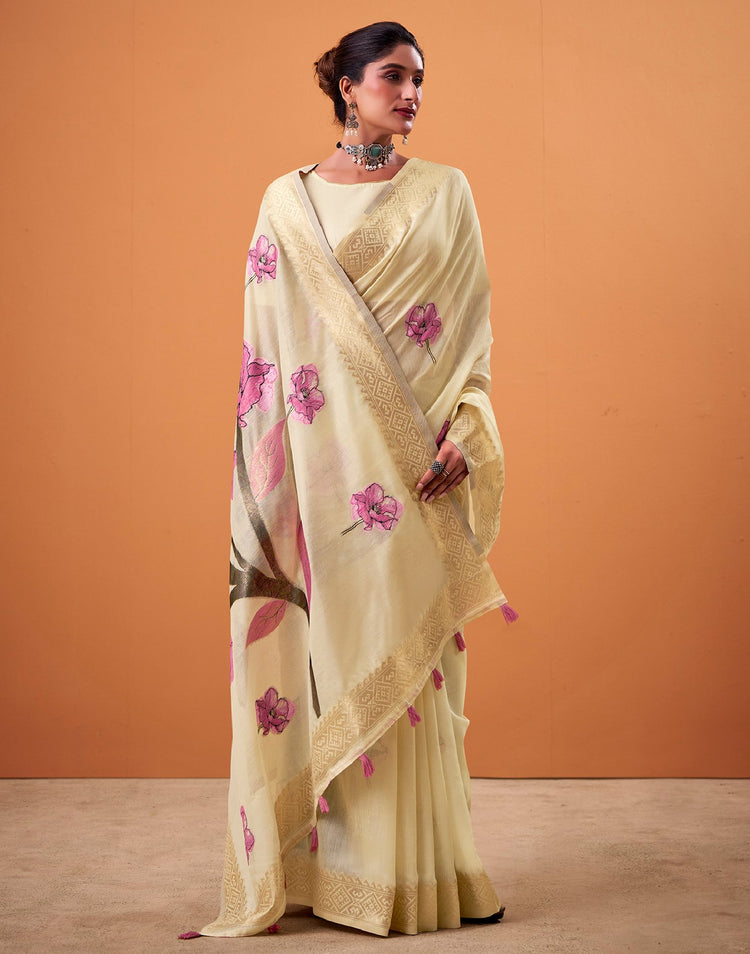 Beige Cotton Floral Printed Saree