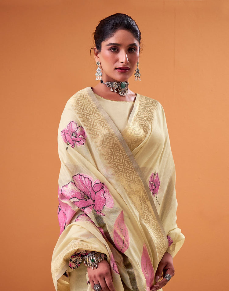 Beige Cotton Floral Printed Saree