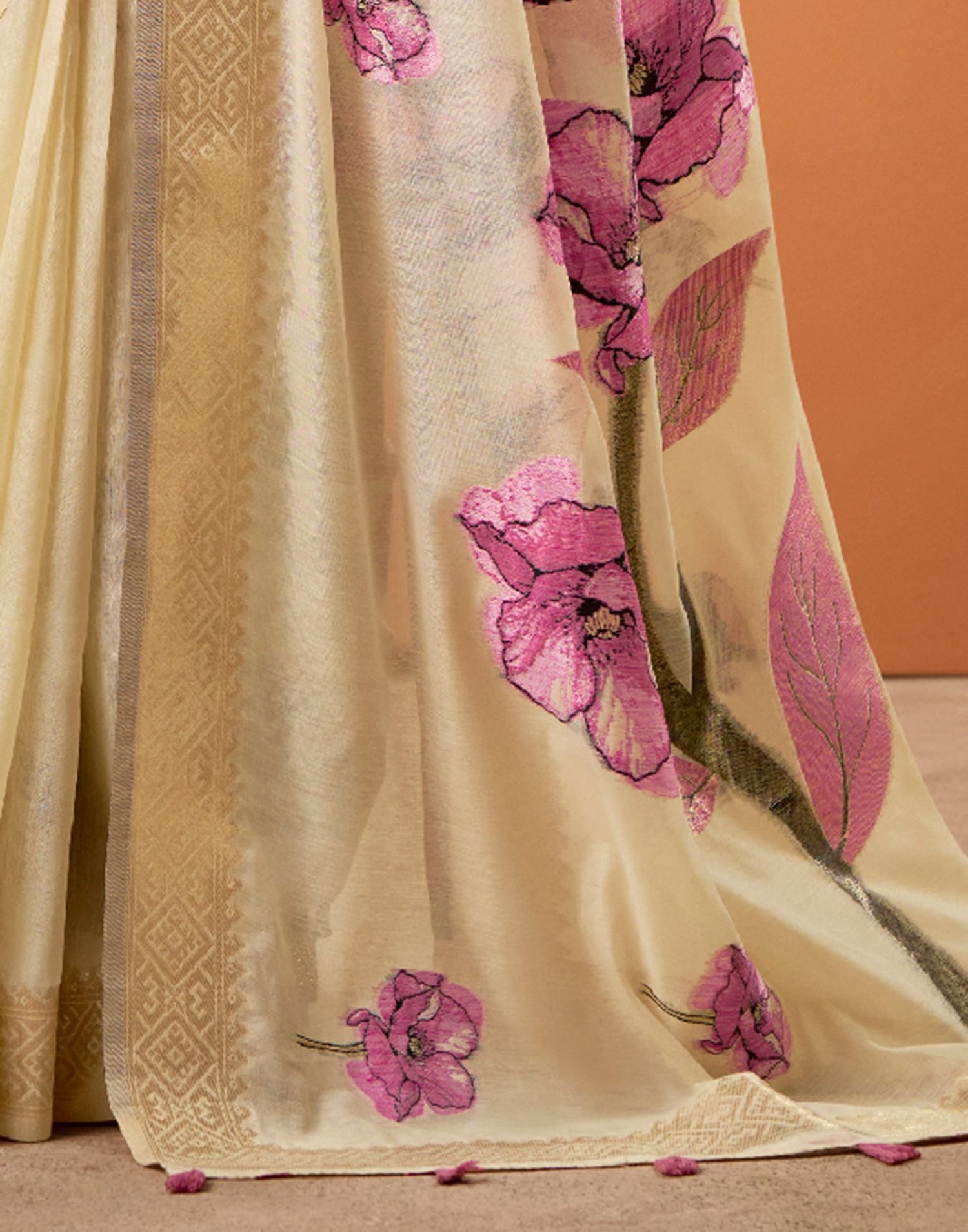 Beige Cotton Floral Printed Saree