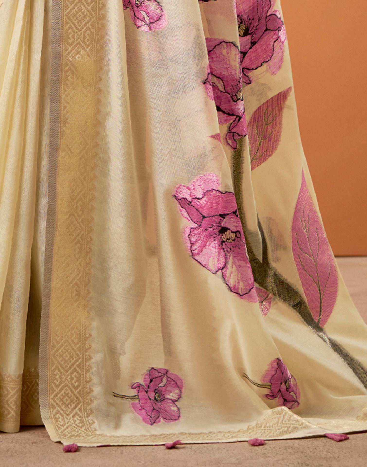 Beige Cotton Floral Printed Saree