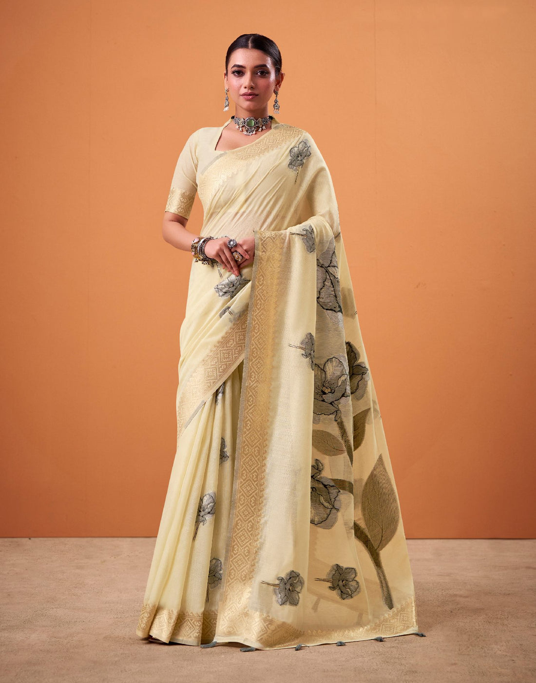 Beige Cotton Floral Printed Saree