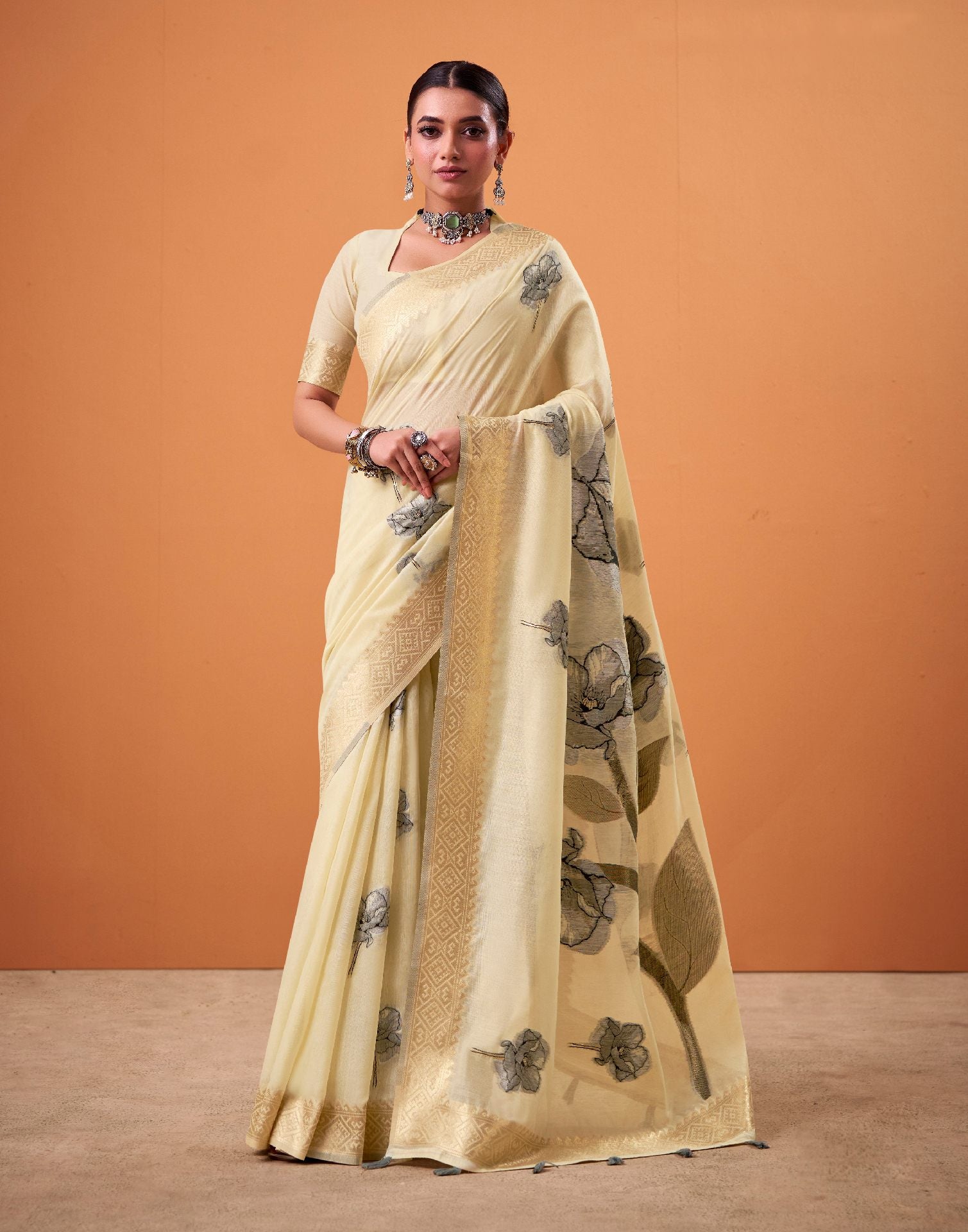 Beige Cotton Floral Printed Saree