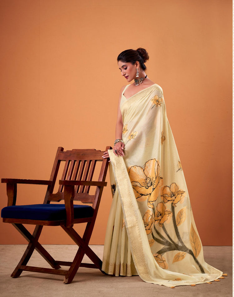 Beige Cotton Floral Printed Saree