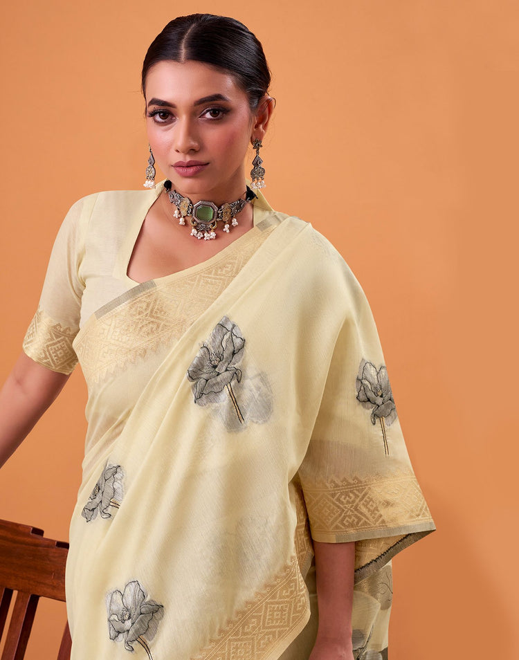 Beige Cotton Floral Printed Saree