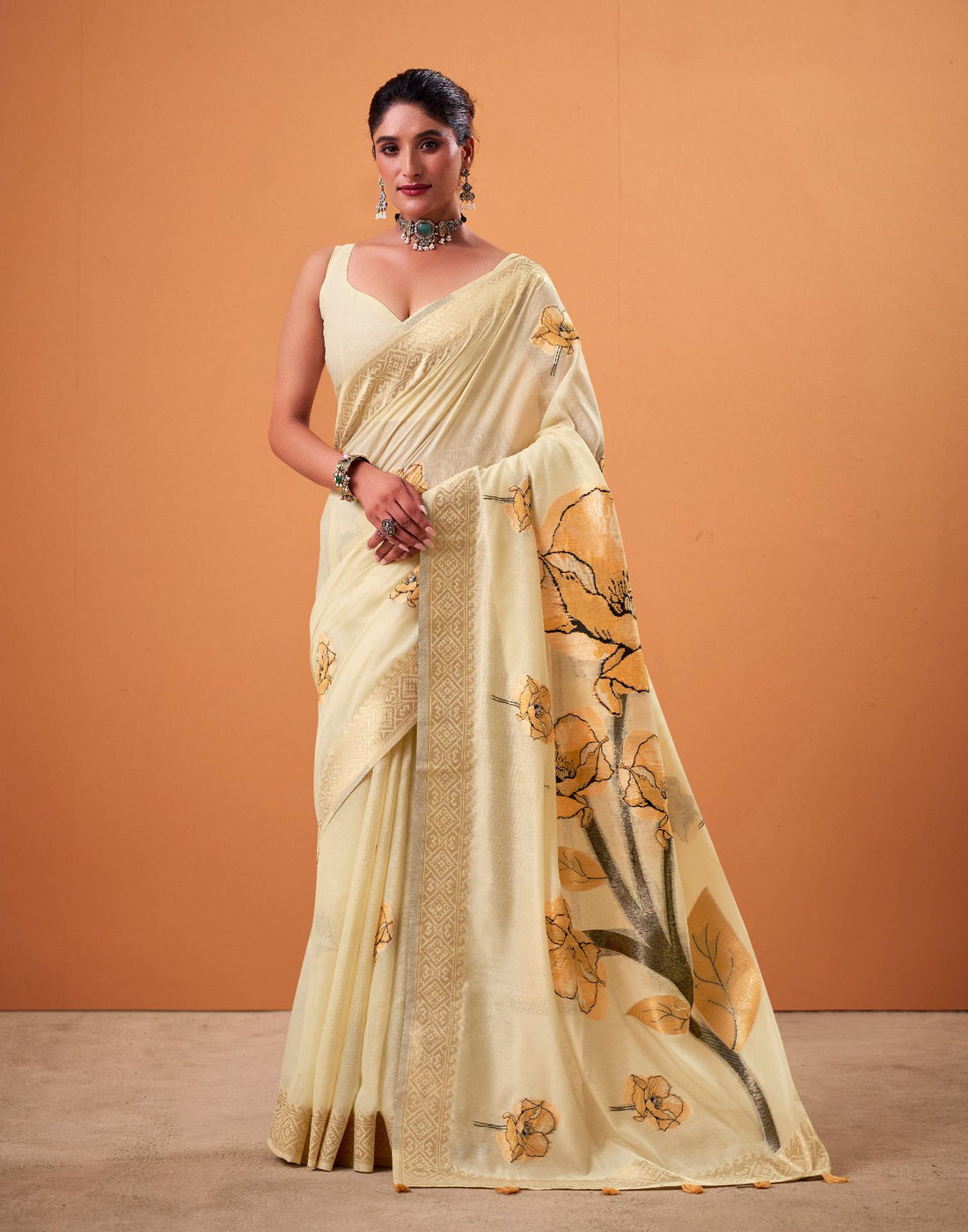 Beige Cotton Floral Printed Saree