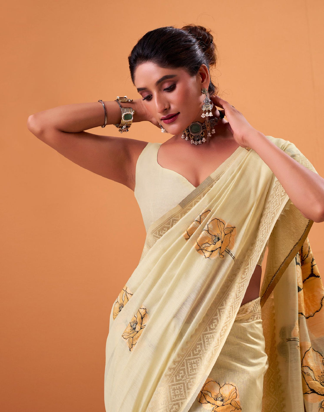 Beige Cotton Floral Printed Saree