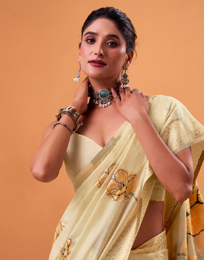 Beige Cotton Floral Printed Saree
