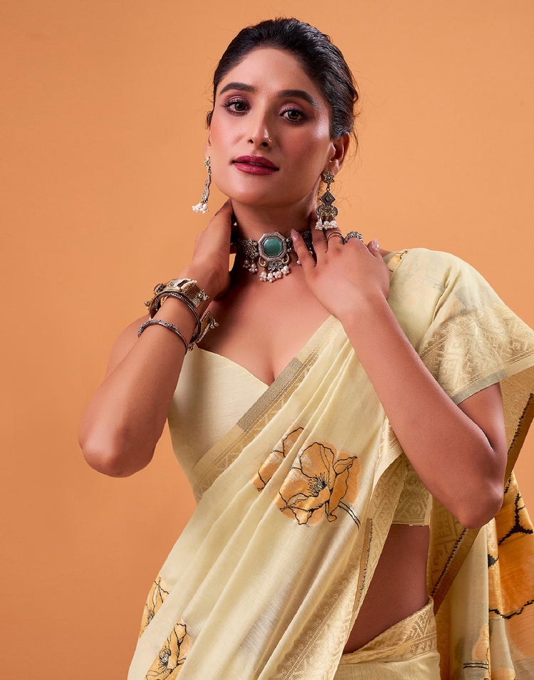 Beige Cotton Floral Printed Saree