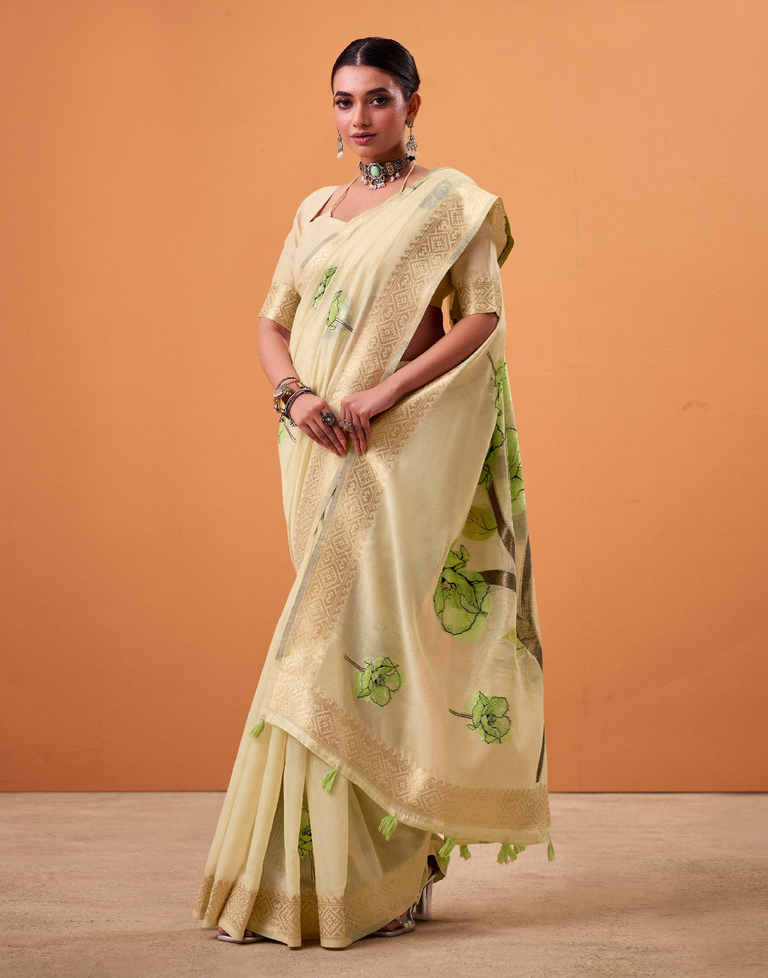 Beige Cotton Floral Printed Saree