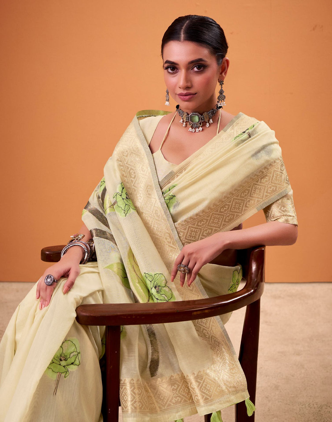 Beige Cotton Floral Printed Saree