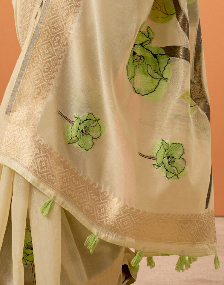 Beige Cotton Floral Printed Saree
