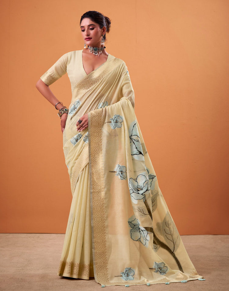 Beige Cotton Floral Printed Saree