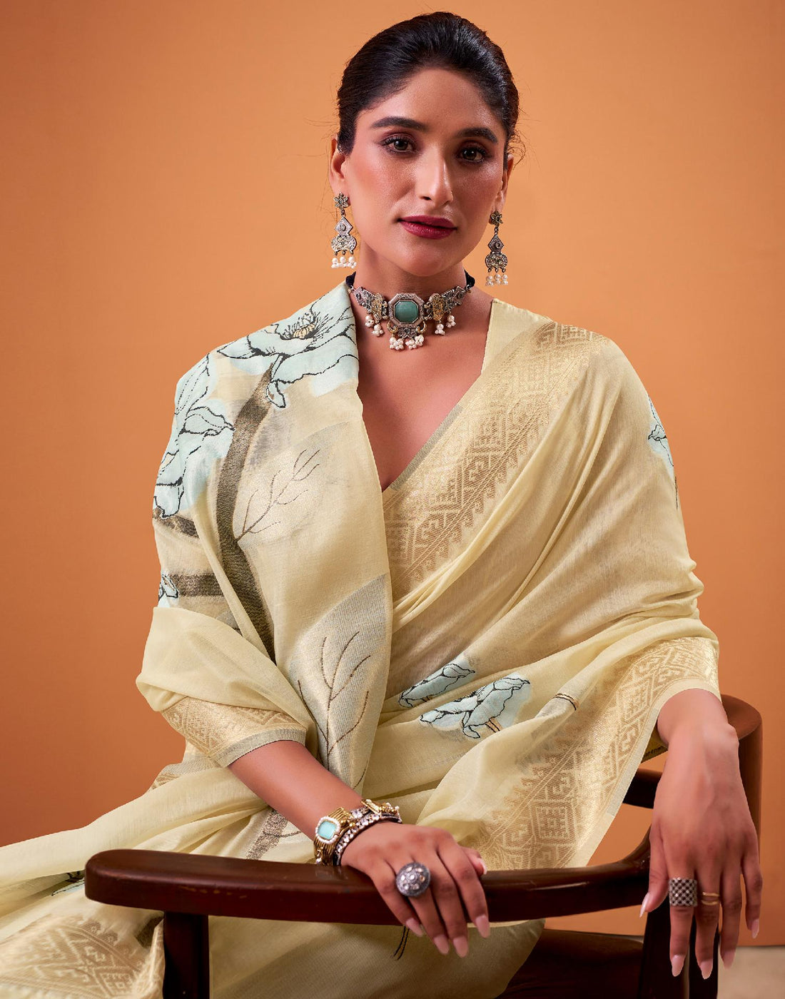 Beige Cotton Floral Printed Saree