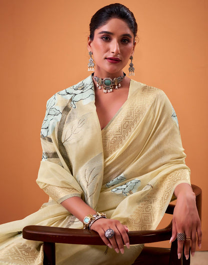 Beige Cotton Floral Printed Saree