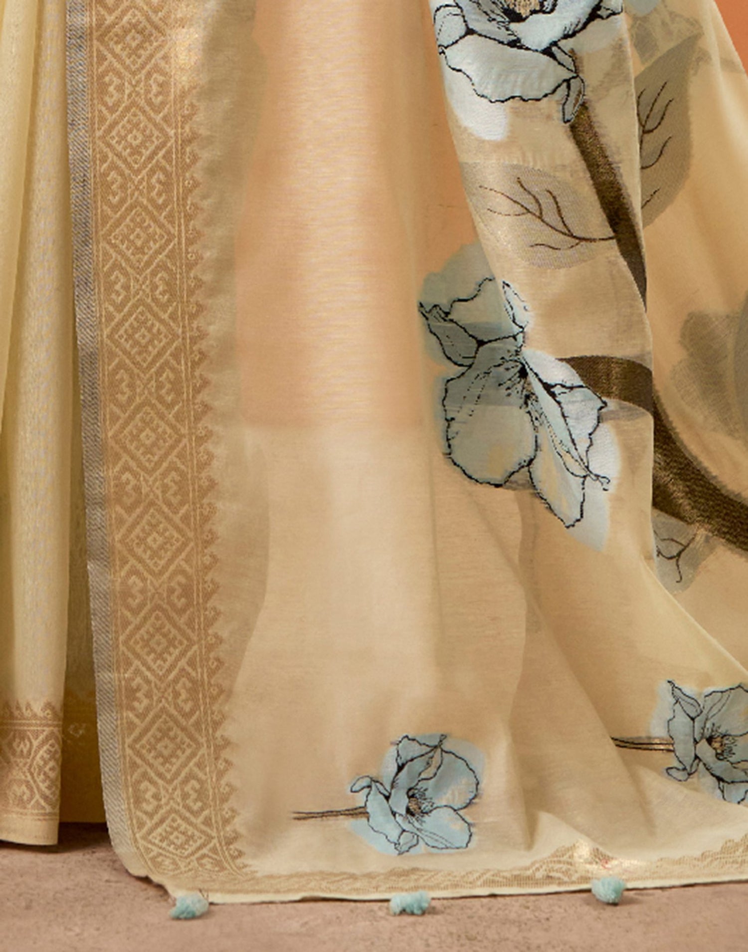 Beige Cotton Floral Printed Saree
