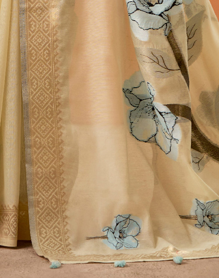 Beige Cotton Floral Printed Saree
