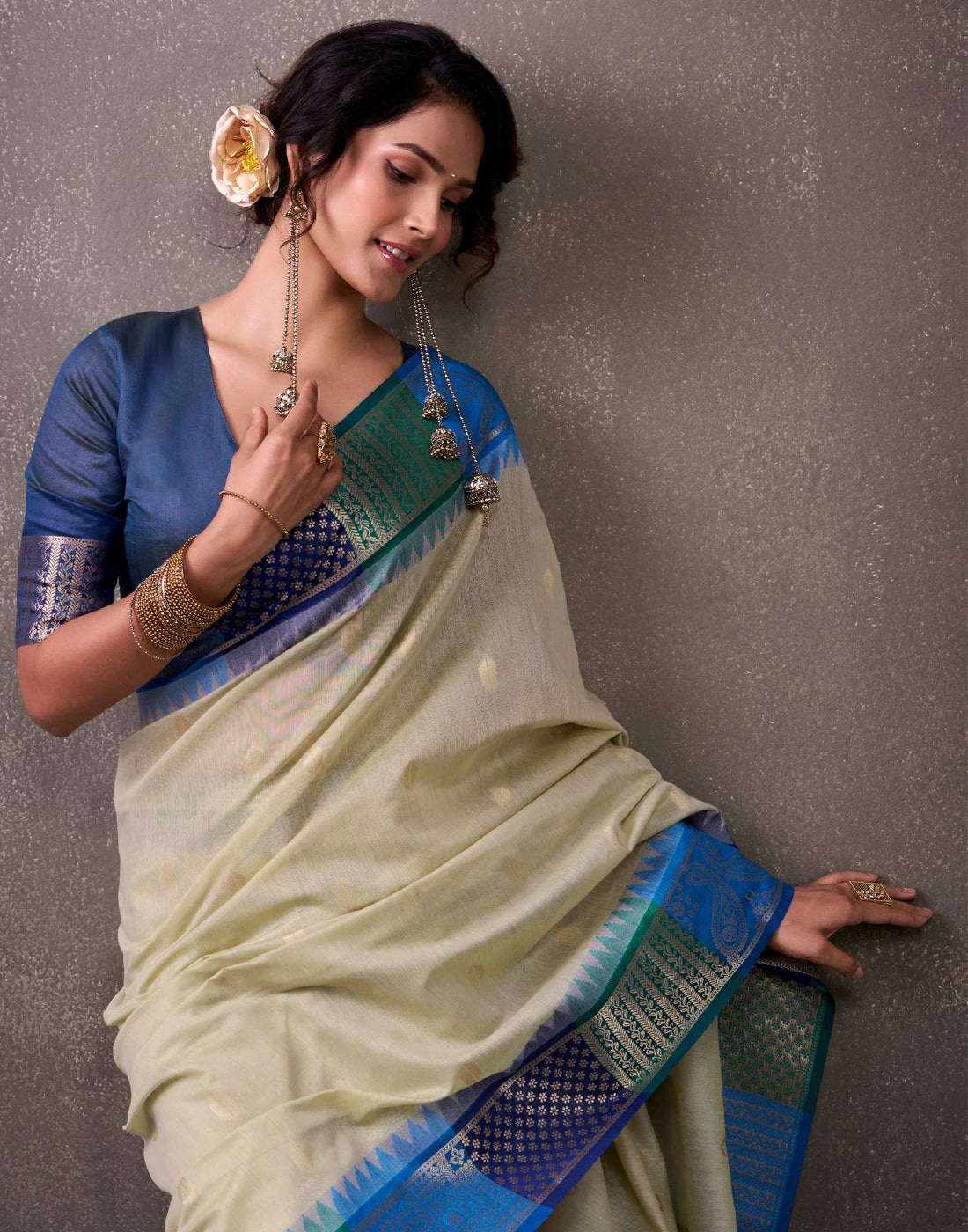 Beige Cotton Woven Banarasi Saree