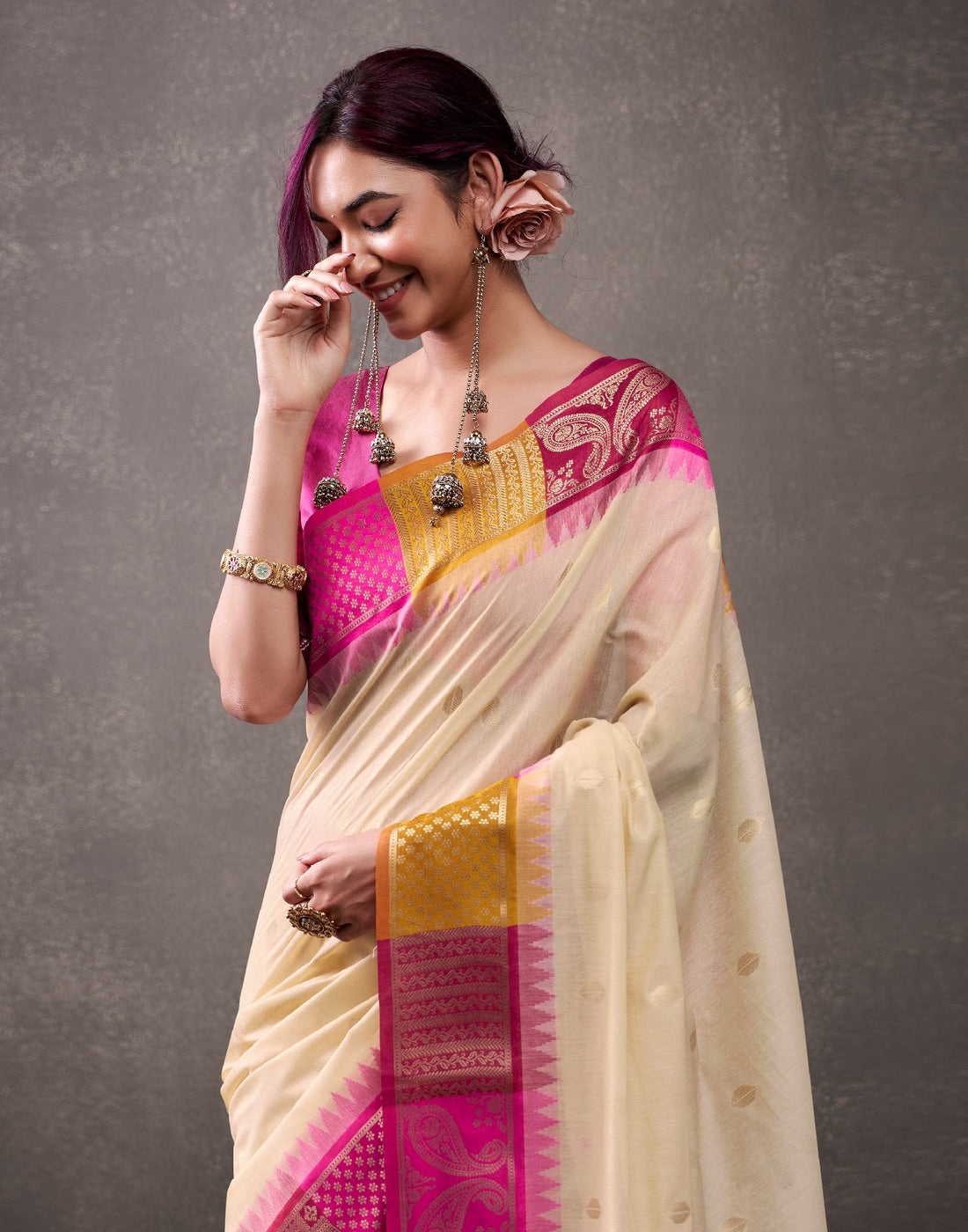 Beige Cotton Woven Banarasi Saree