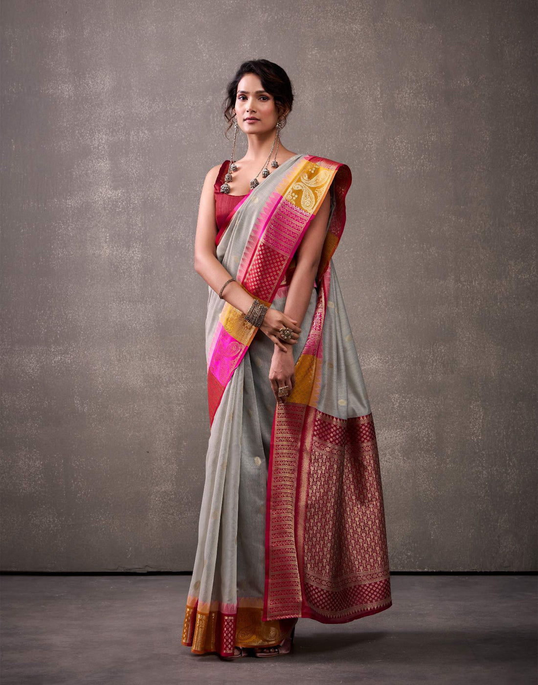 Grey Cotton Woven Banarasi Saree