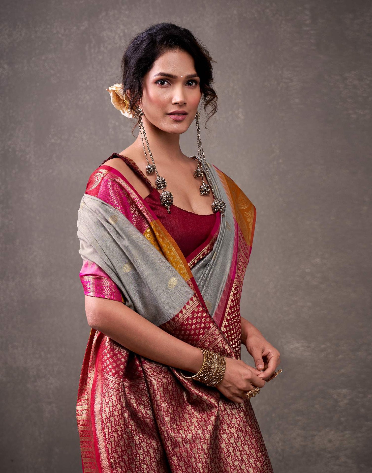 Grey Cotton Woven Banarasi Saree